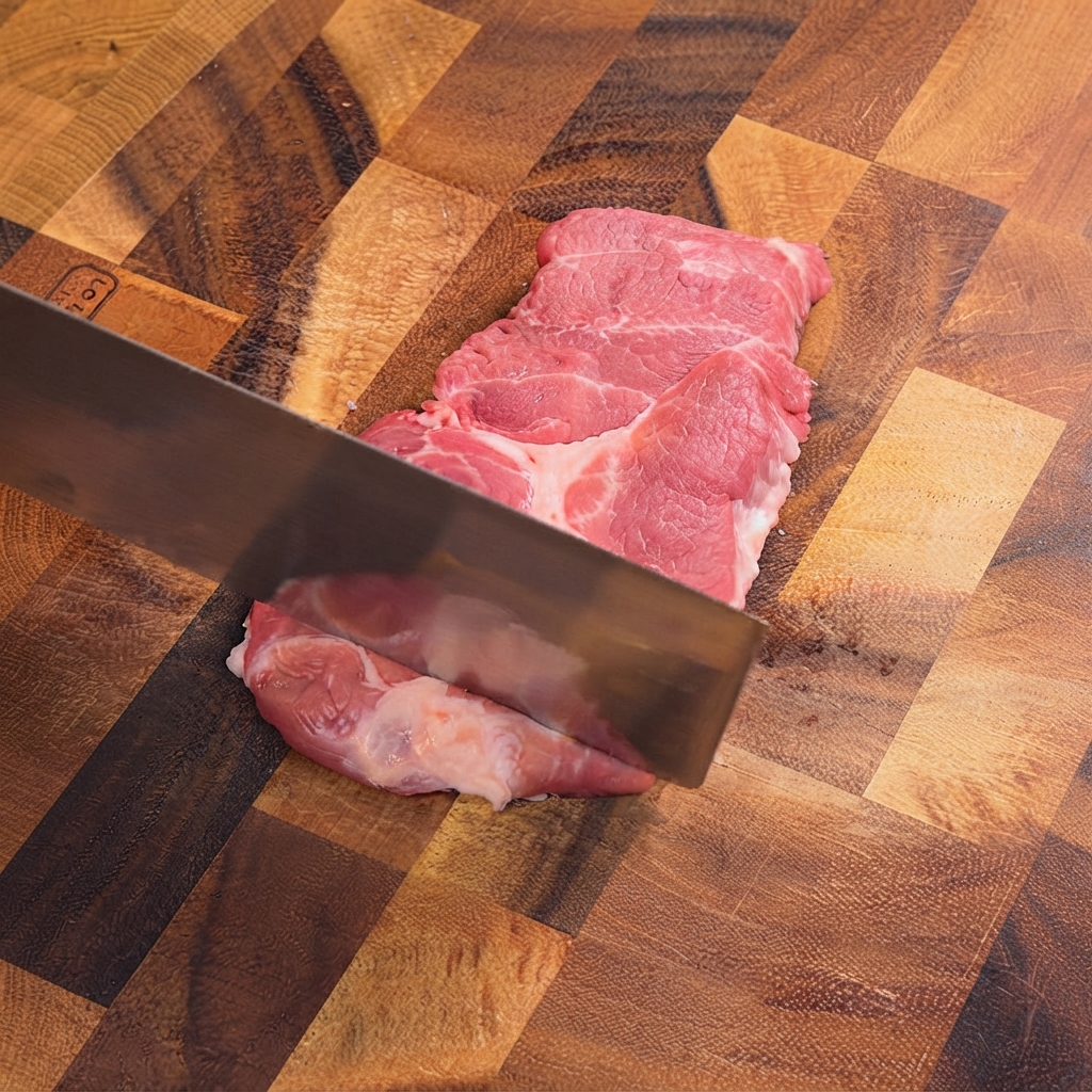 Ein großes Küchenmesser, das rohe Schweinekoteletts auf einem Holzschneidebrett plattiert.