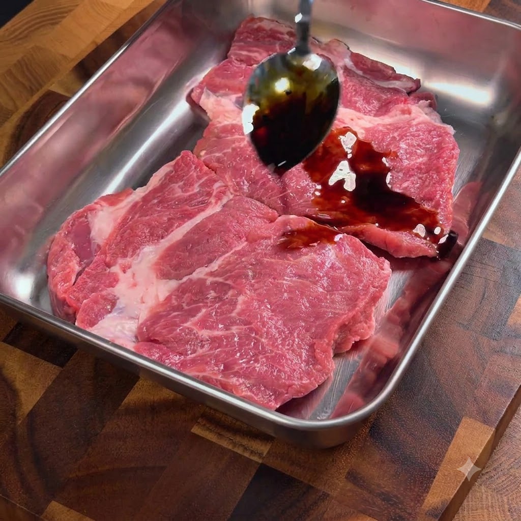 Sojasauce wird von einem Löffel auf rohe Schweinekoteletts in einer Metallschale gegossen.