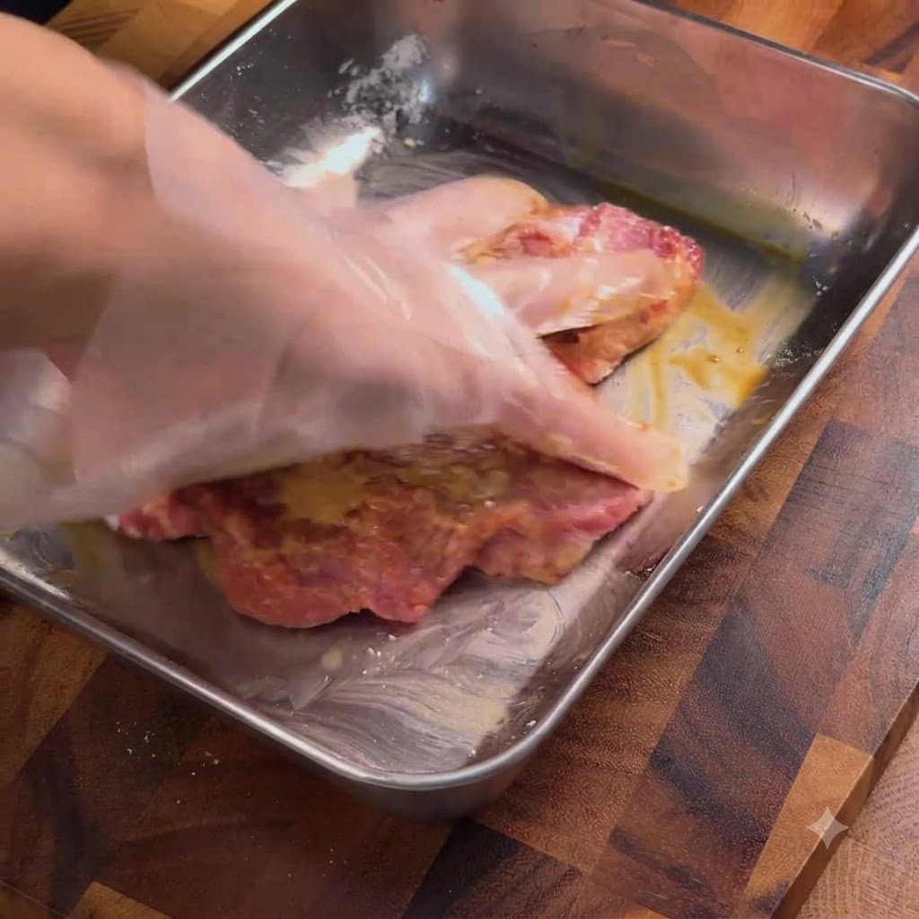 Eine behandschuhte Hand massiert die Marinade in die Schweinekoteletts.
