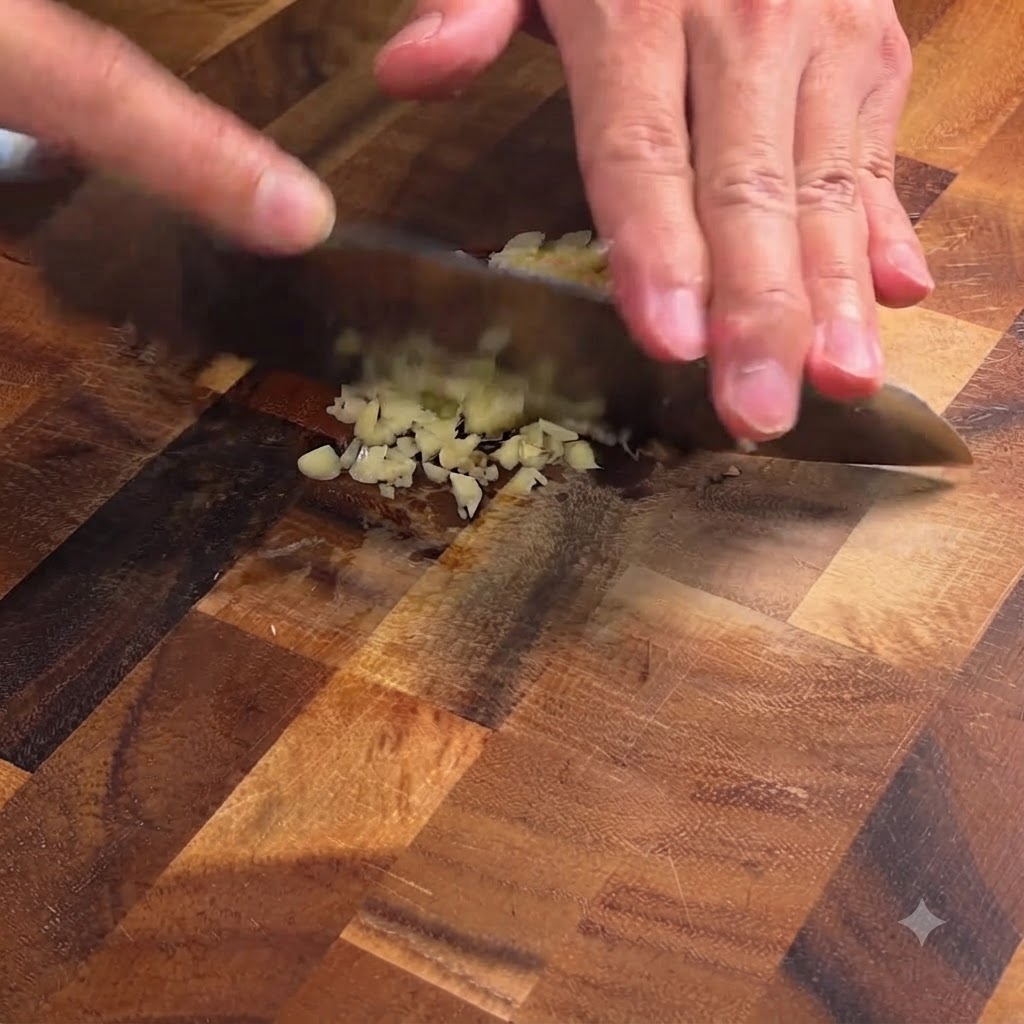 Knoblauchzehen werden mit einem Messer auf einem Holzbrett fein gehackt.