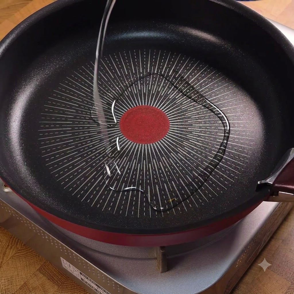 Speiseöl wird in eine heiße beschichtete Pfanne gegossen.