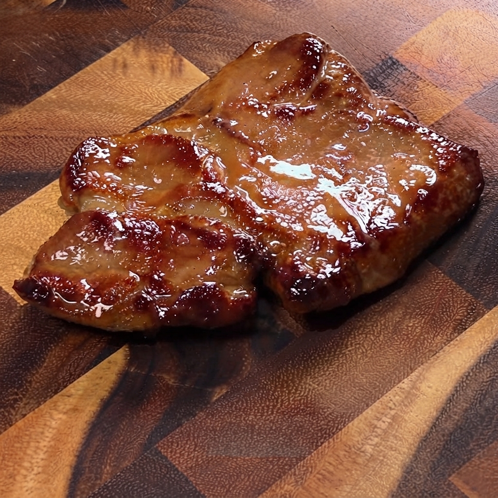 Ein fertig gebratenes, karamellisiertes Schweinekotelett liegt auf einem Holzbrett, bereit zum Aufschneiden.