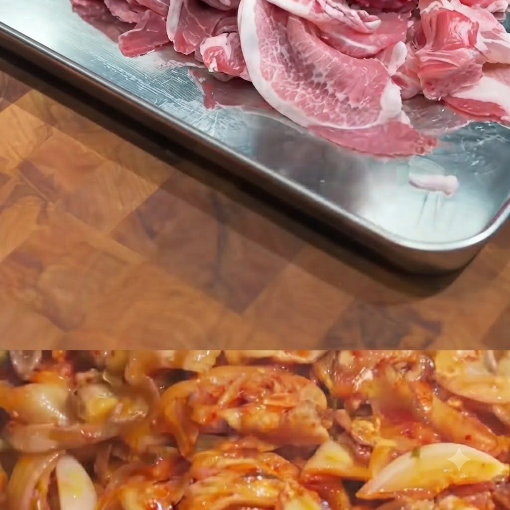 Dünn geschnittene Schweinefleischstücke mit Mehl bestäubt auf einem Tablett.