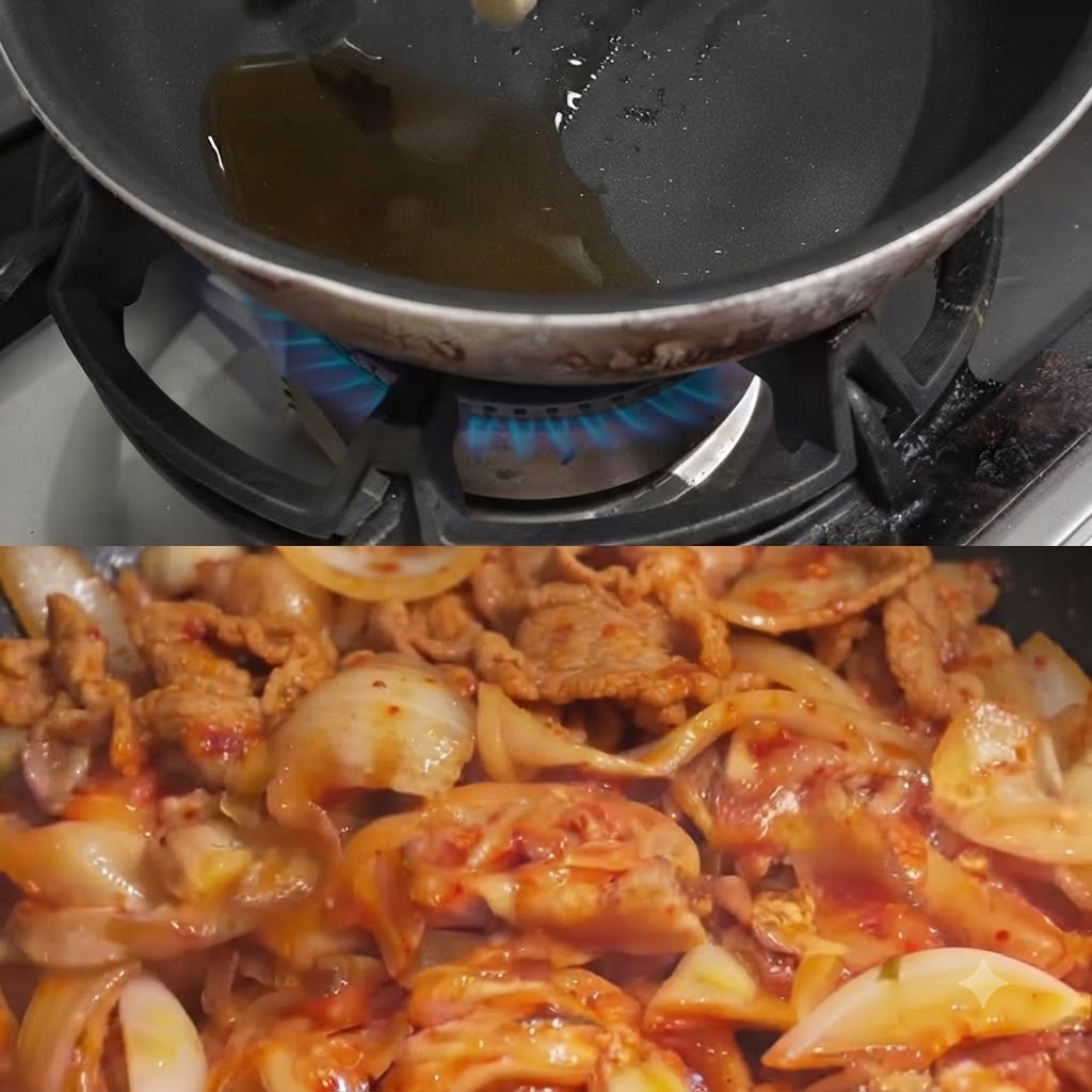 Knoblauchscheiben braten in heißem Öl in einer Pfanne.