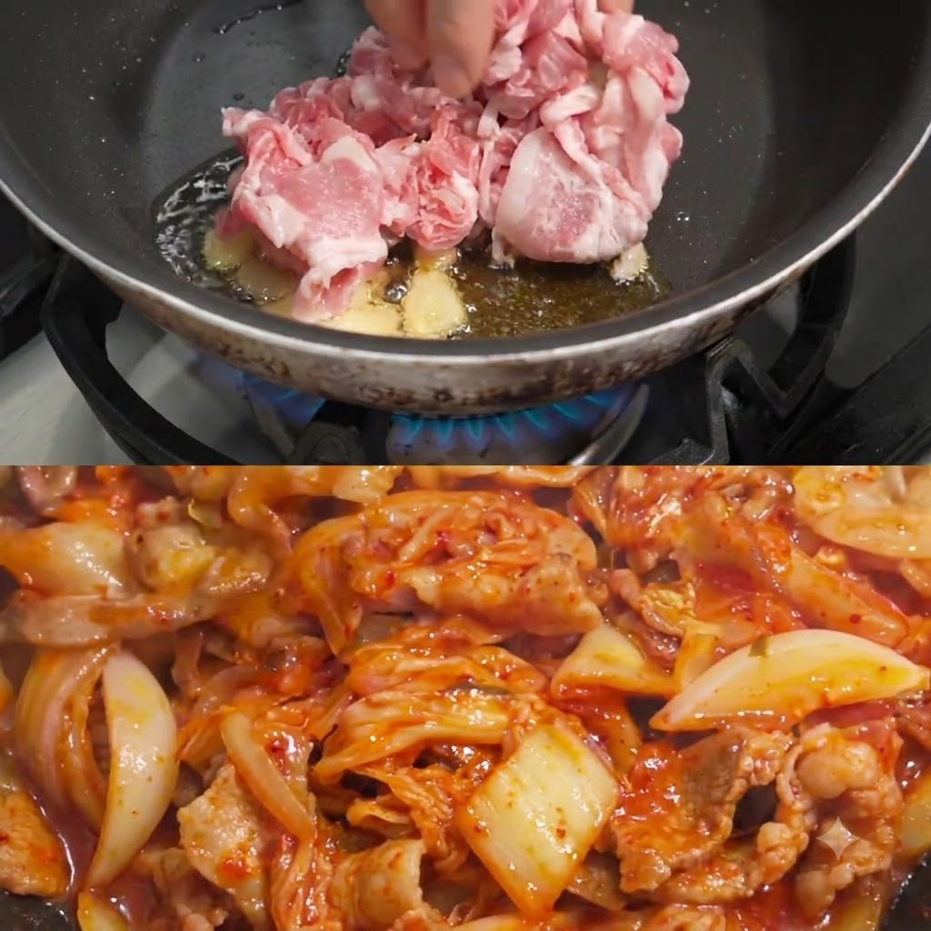 Schweinefleischstücke werden in einer Pfanne angebraten.