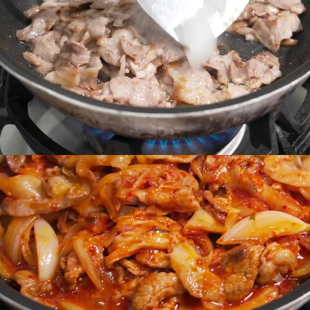 Zwiebeln werden zu dem gebratenen Schweinefleisch in die Pfanne gegeben.
