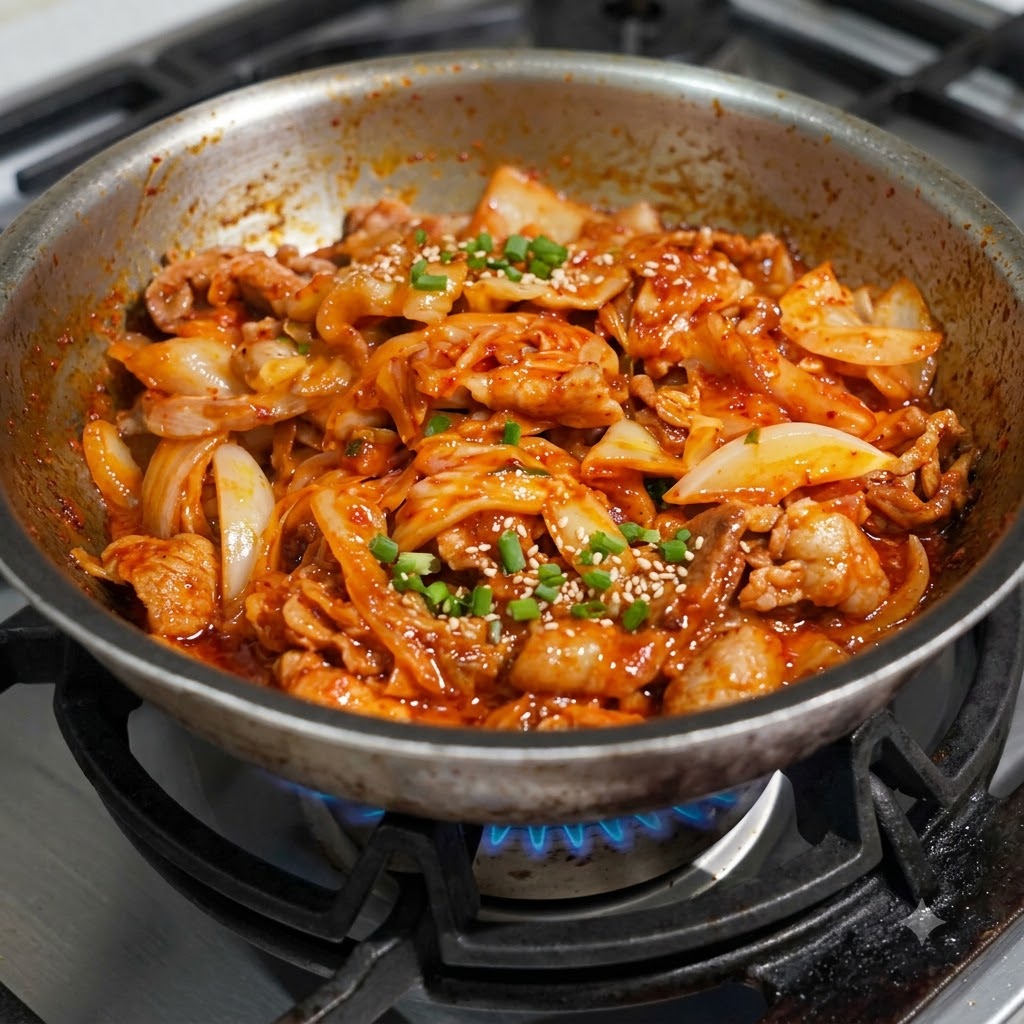 Gehackter Kimchi vermischt mit Schweinefleisch und Zwiebeln in einer Bratpfanne.