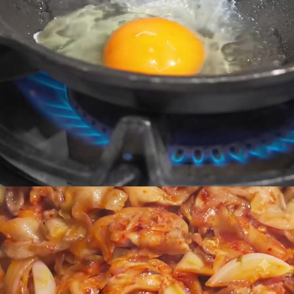 Nahaufnahme eines rohen Eies, das in eine heiße Pfanne mit blubberndem Öl auf einer blauen Gasflamme schlägt.