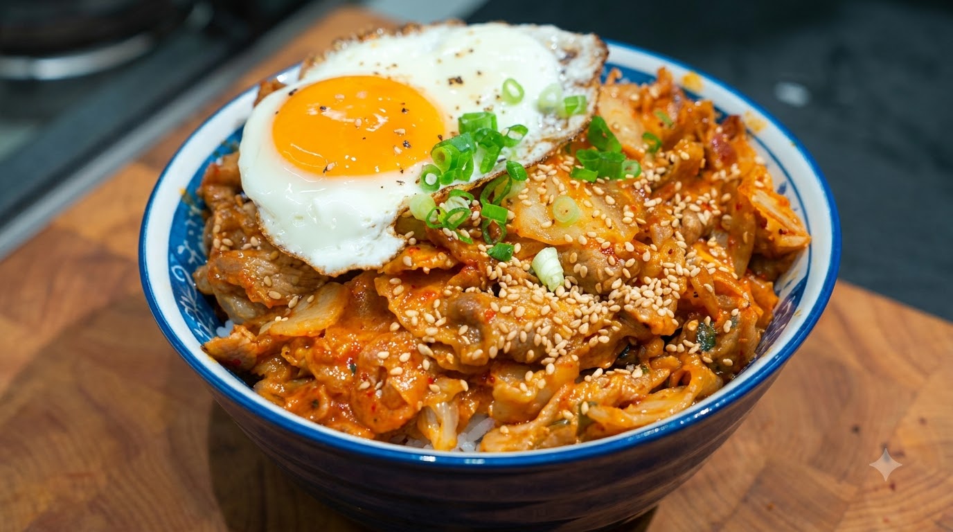 Scharfe Kimchi-Schweinefleisch-Reisschüssel (Buidap)