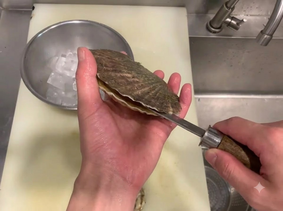 Eine Hand öffnet eine rohe Jakobsmuschel mit einem Messer über einem Schneidebrett und einer Schüssel mit Eis.