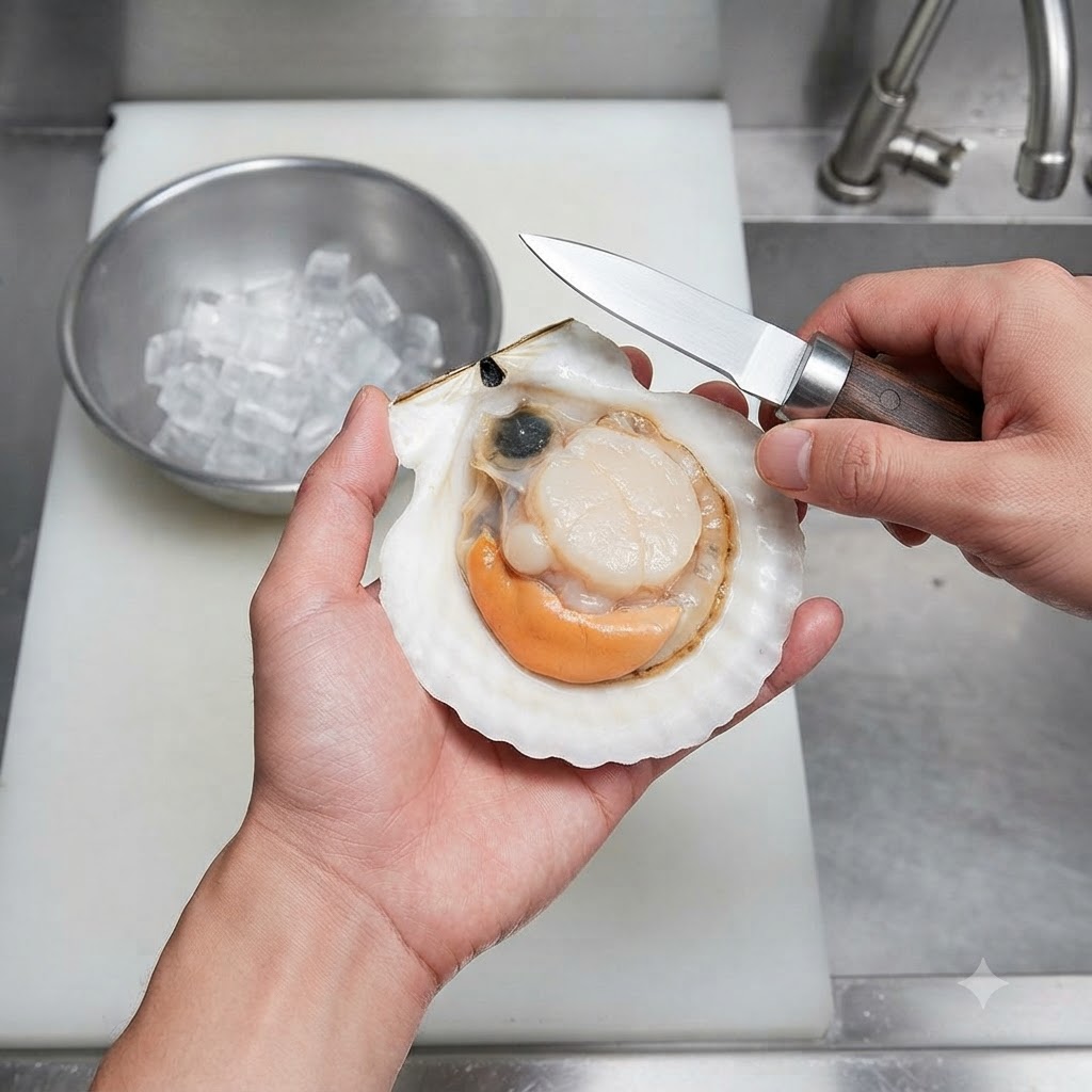 Ein Messer trennt das rohe Muschelfleisch von der geöffneten Halbschale ab.