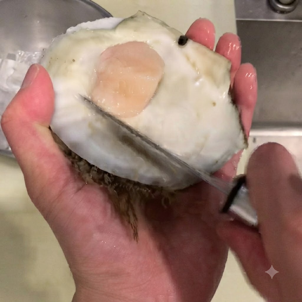 Finger ziehen die Eingeweide und den Mantel von der rohen Jakobsmuschel ab.