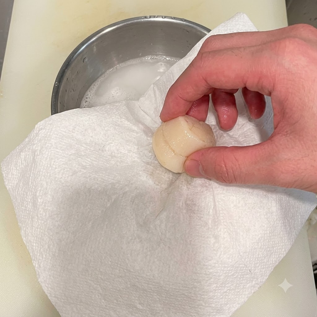 Ein rohes Muschelfleisch wird sanft auf einem weißen Papiertuch trocken getupft.