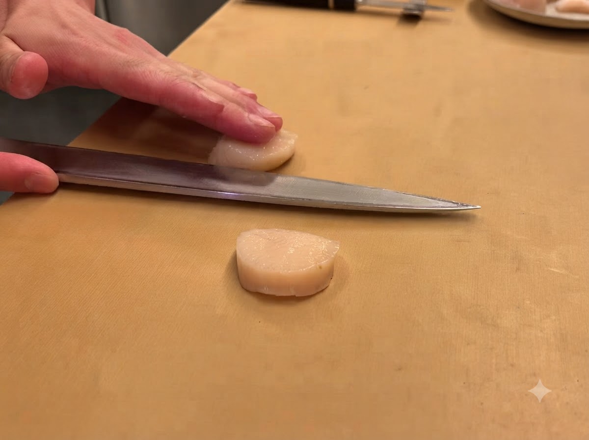 Ein scharfes Messer schneidet ein rohes Muschelfleisch waagerecht auf einem Holzschneidebrett.