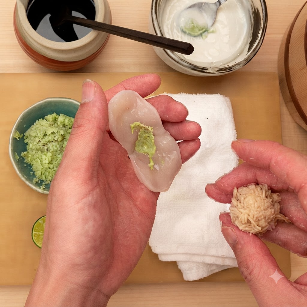 Hände halten eine eingeschnittene rohe Muschelscheibe mit Wasabi in der Handfläche und einen vorbereiteten Reisballen in der anderen.