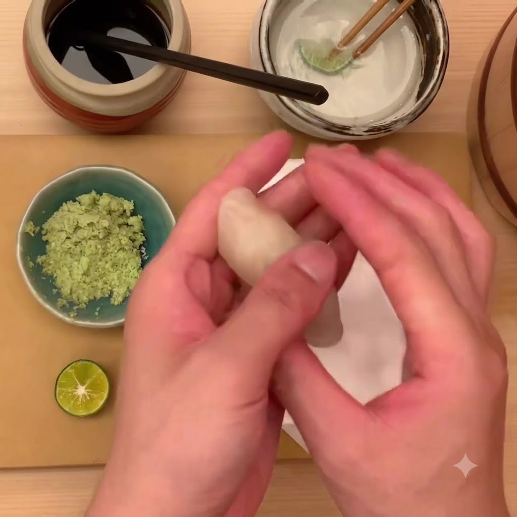 Hände formen ein Jakobsmuschel-Sushi-Stück auf einer weißen Unterlage.