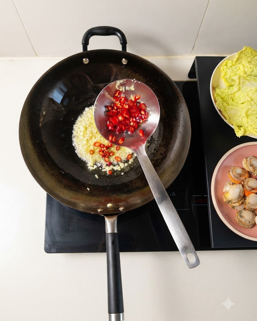 Gehackte Chilischoten und gehackter Knoblauch braten zusammen in einem heißen Wok.