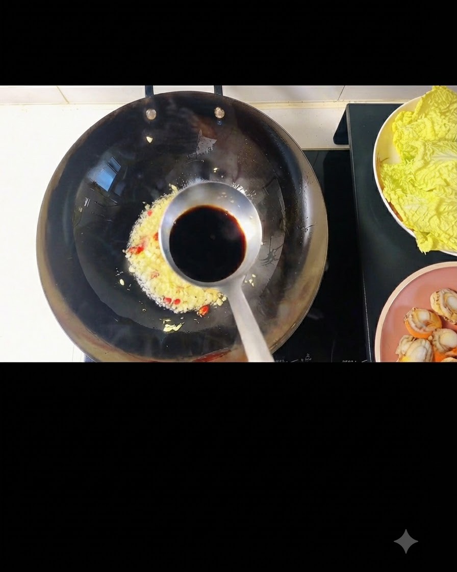 Sojasauce und Austernsauce werden über die Knoblauch-Chili-Mischung im Wok gegossen.