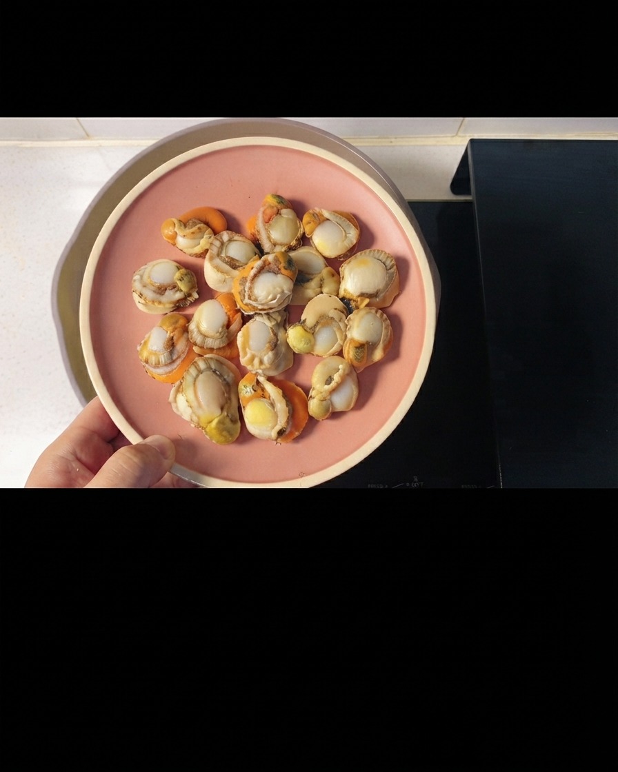 Pralles Jakobsmuschelfleisch sorgfältig auf einem Bett aus durchscheinenden Glasnudeln und Chinakohl in einer Pfanne angeordnet.