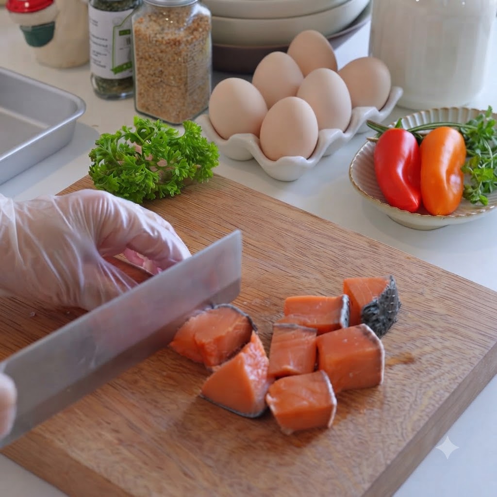 Eine behandschuhte Hand mit einem Messer zum Würfeln von aufgetautem Lachs in kleine Stücke auf einem Holzschneidebrett.