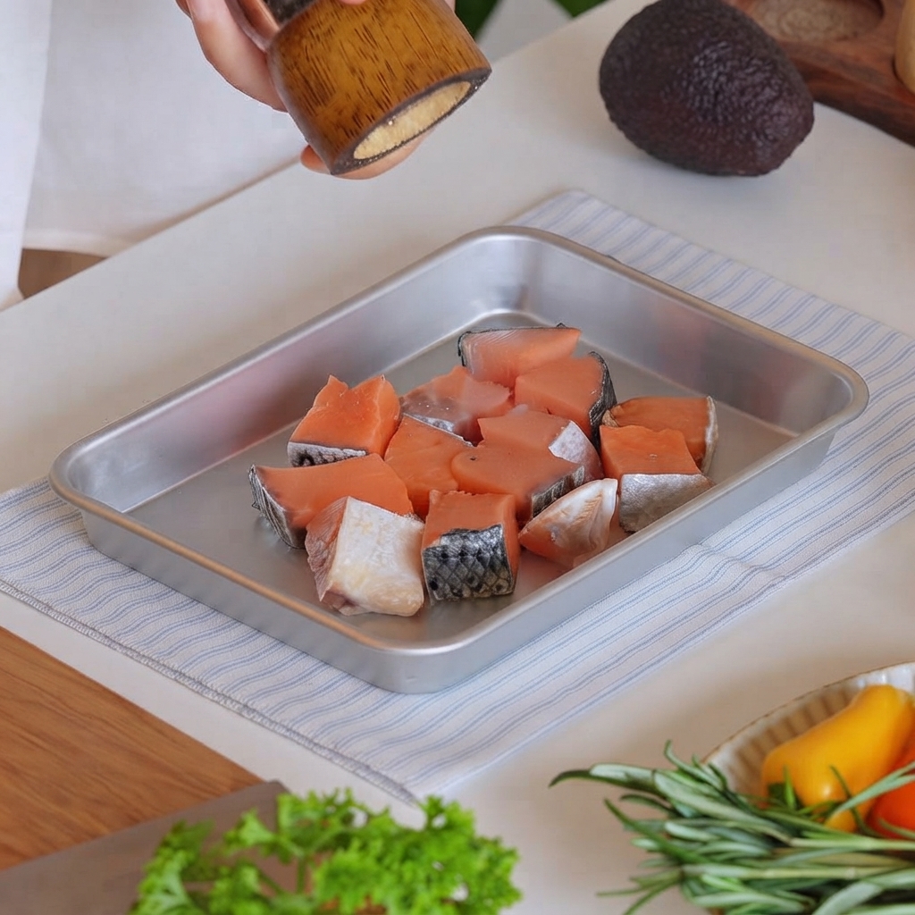 In einer Metallschale angeordnete Lachs-Würfel, die mit schwarzem Pfeffer aus einer Mühle gewürzt werden.