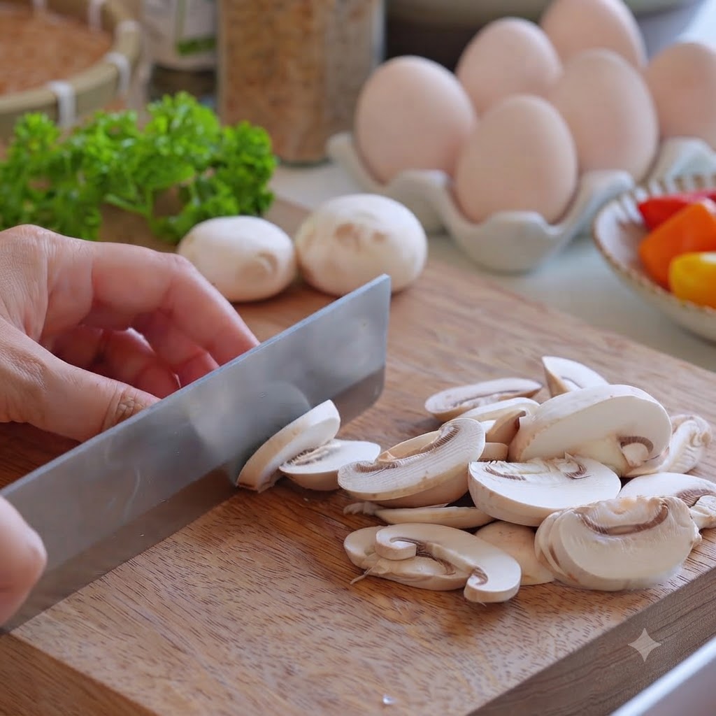 Champignons werden mit einem Messer auf einem Holzschneidebrett neben roter Zwiebel geschnitten.