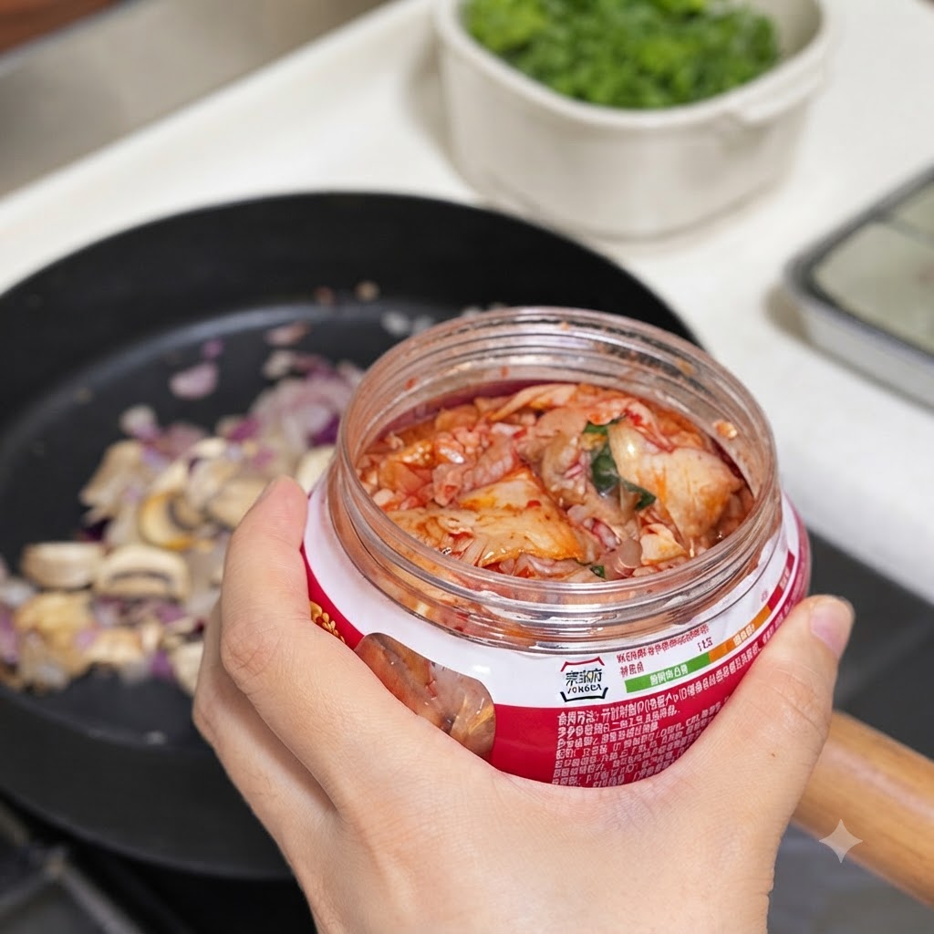 Eine Hand hält ein Glas Kimchi über eine Pfanne mit geschnittenen Pilzen und Zwiebeln, wobei koreanische scharfe Soße und Sojasoße hinzugefügt werden.