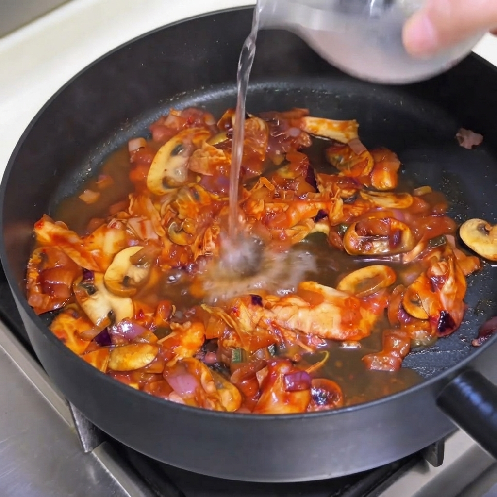 Ein Schuss Wasser wird aus einem Behälter in eine Pfanne mit einer Mischung aus Kimchi, Pilzen und Zwiebeln gegossen.
