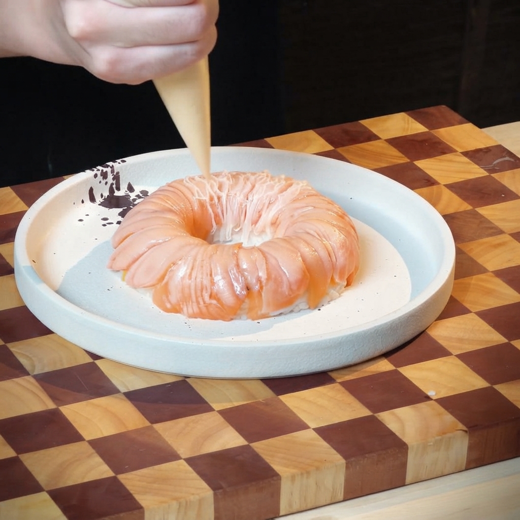Ein Spritzbeutel zieht Saucenlinien über einen flambierten Lachs-Reis-Ring auf einem Keramikteller.