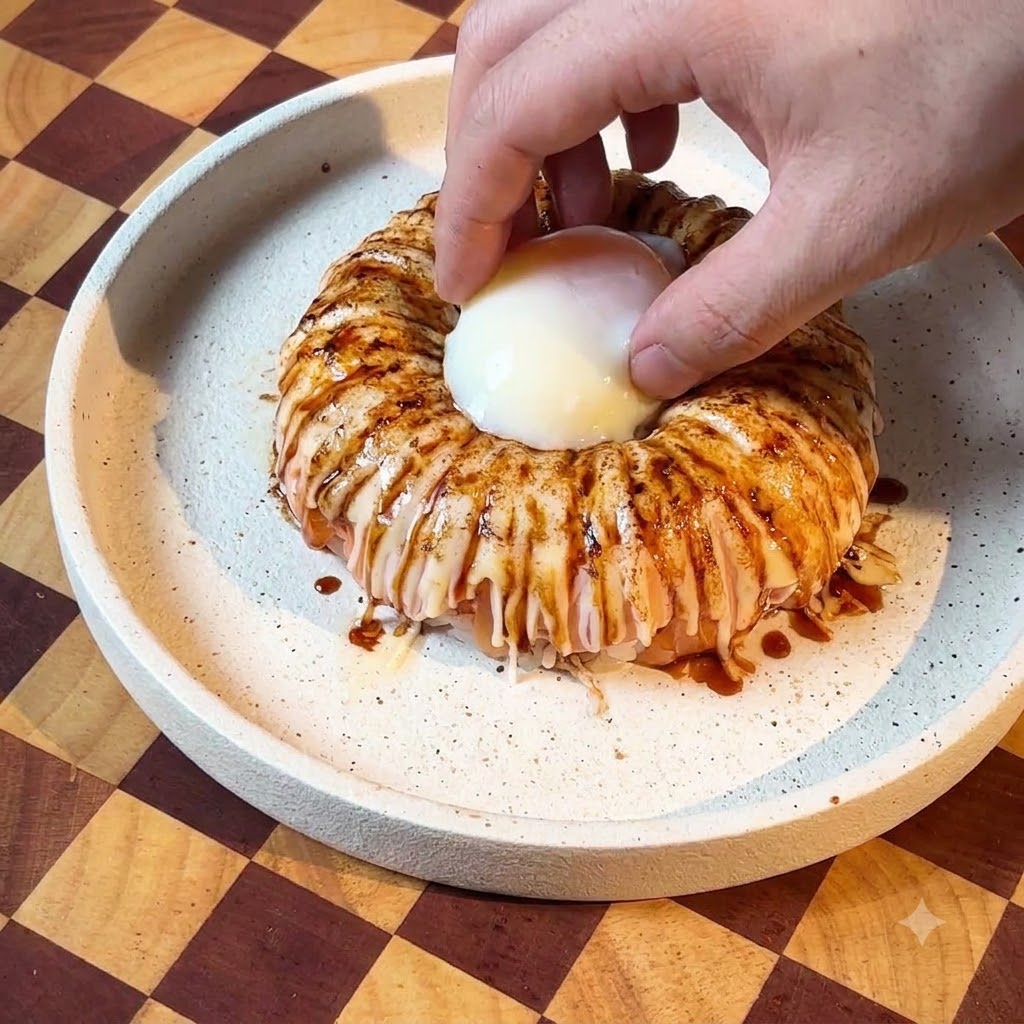 Ein Onsen-Ei wird in die hohle Mitte eines glasierten und flambierten Lachs-Reis-Rings gesetzt.