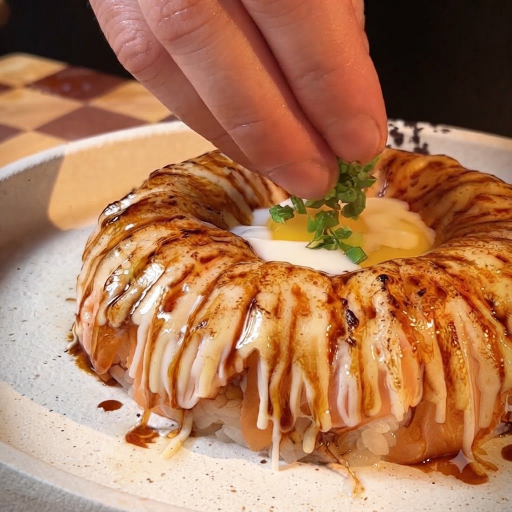 Fein gehackte Frühlingszwiebeln und Fischroggensauce werden über dem Ei und dem Lachsring garniert.