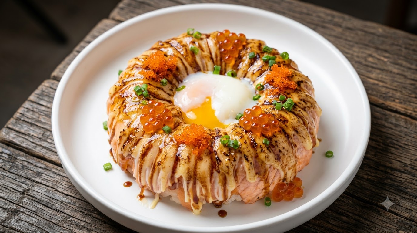 Eine Nahaufnahme eines flambierten Lachs-Reis-Rings, getoppt mit süßer Unagisauce, cremiger Mayo und einem Onsen-Ei.