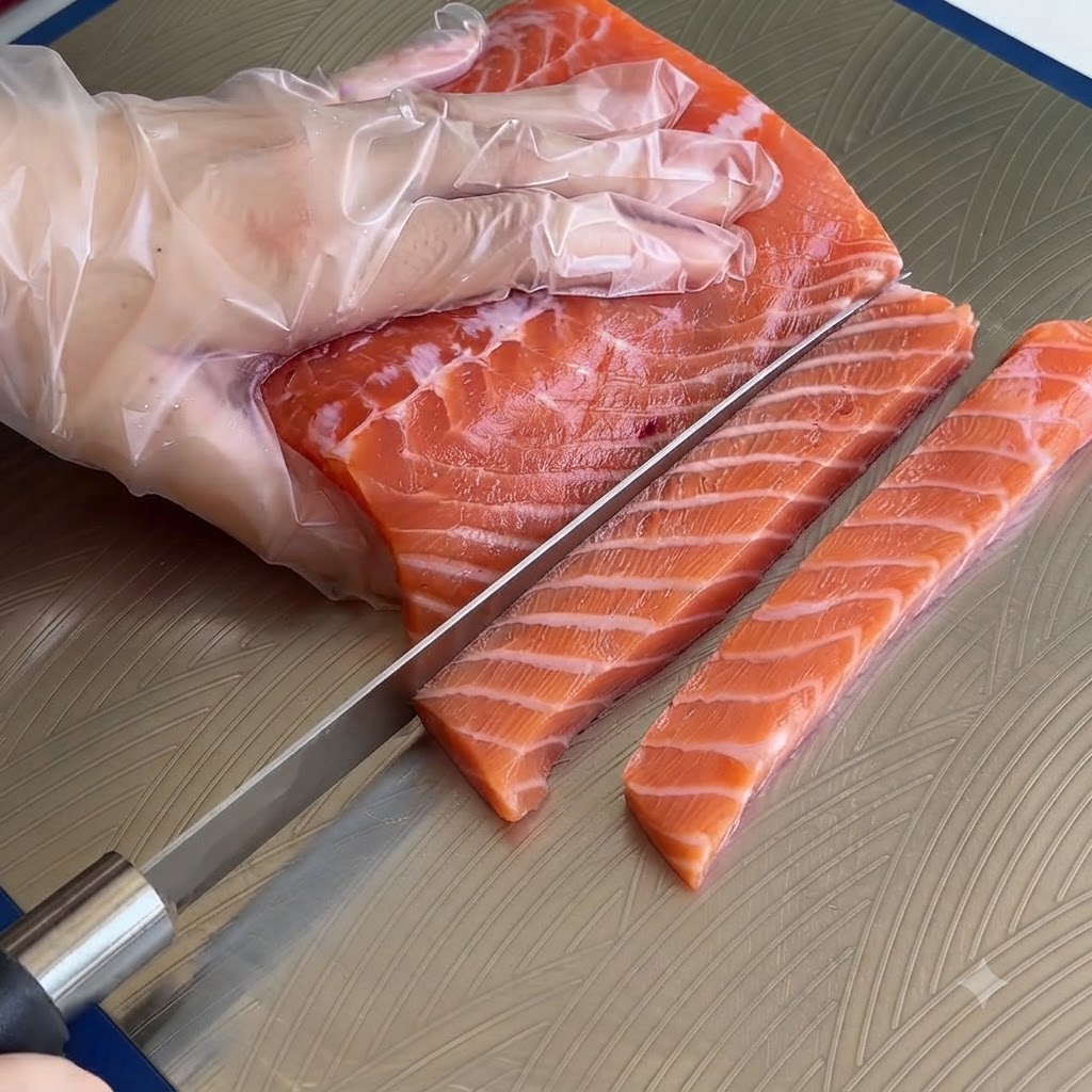 Eine Hand mit Plastikhandschuh schneidet mit einem scharfen Messer ein Lachsfilet auf einer Metalloberfläche in kleine Würfel.