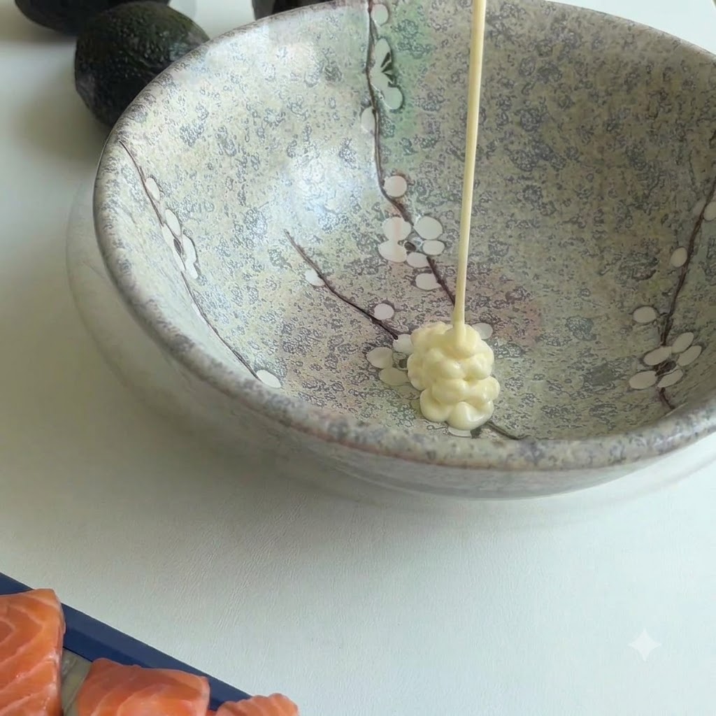 Mayonnaise wird in die Mitte einer gemusterten Keramikschüssel gedrückt, während andere Zutaten bereitstehen.