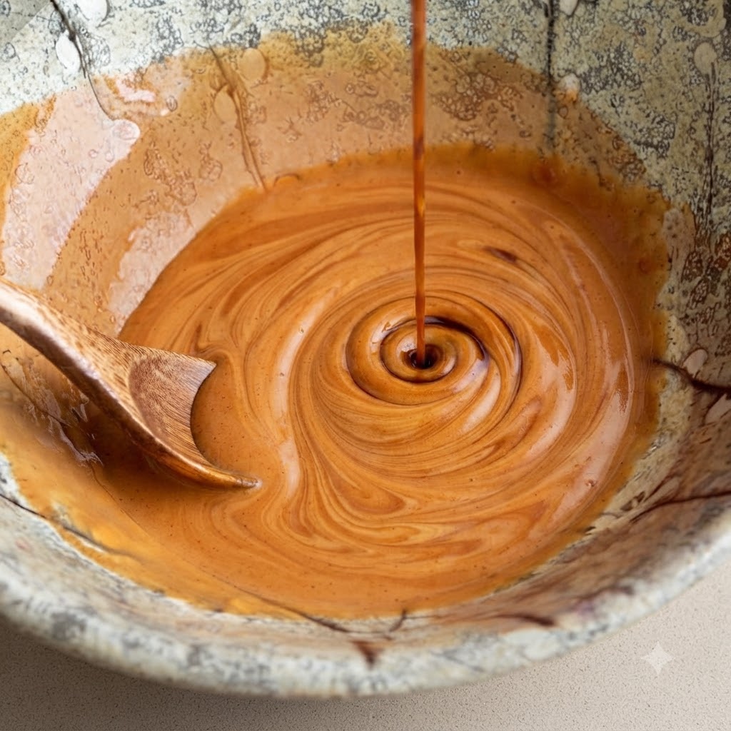 Ein Holzlöffel rührt durch eine reichhaltige, glatte orange Soße in einer gemusterten Keramikschüssel.