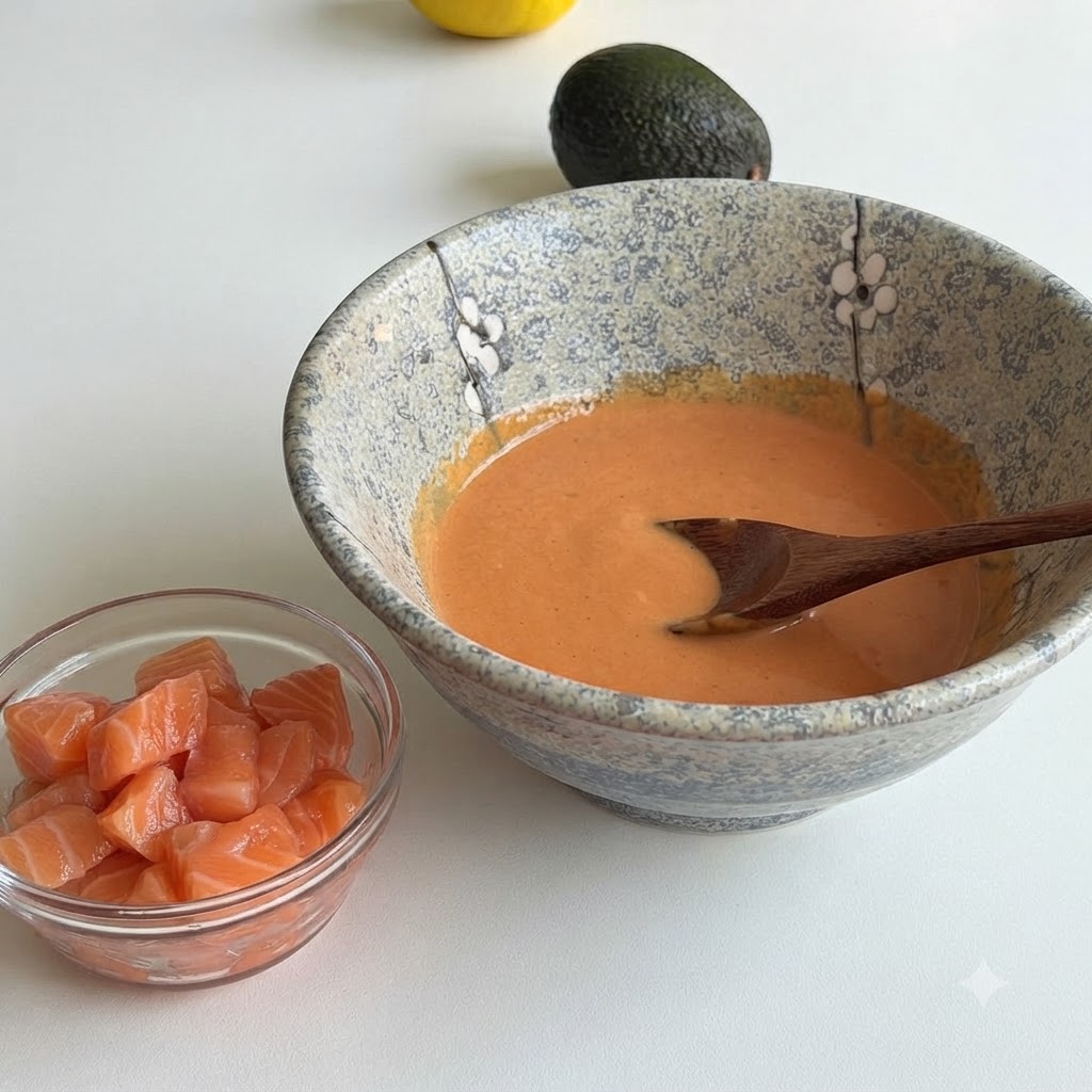 Eine kleine Glasschüssel gefüllt mit gewürfeltem rohem Lachs neben einer größeren Keramikschüssel mit der zubereiteten orangen Soße.