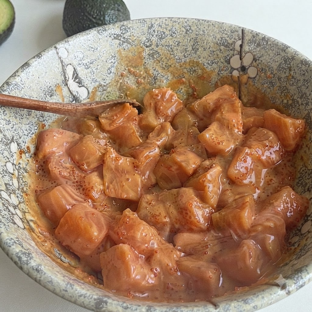 Lachswürfel gründlich mit Soße und Fischroggen in einer gemusterten Keramikschüssel vermischt, mit einem Holzlöffel am Rand.