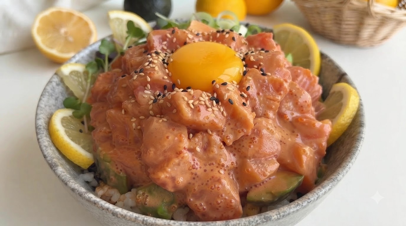 Würzige Lachs-Avocado-Poke-Bowl