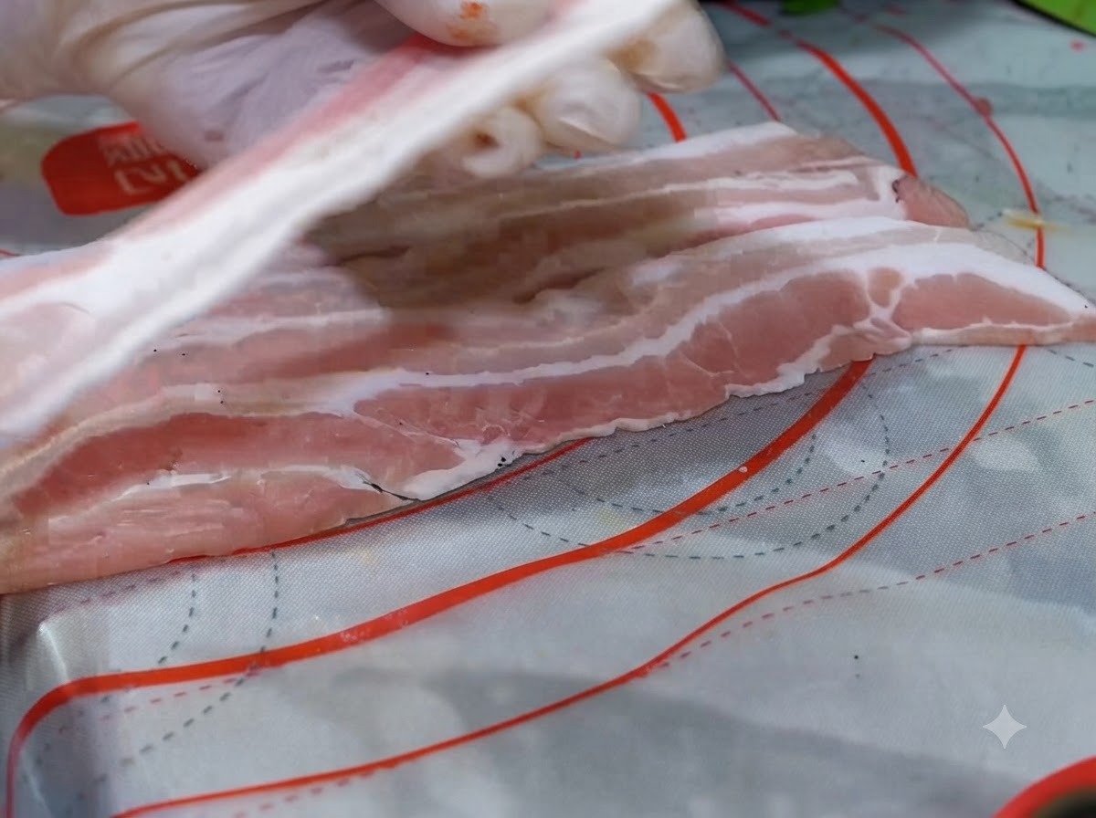 Dicke Scheiben roher Schweinebauch flach ausgelegt mit darüber gestreutem schwarzem Pfeffer.