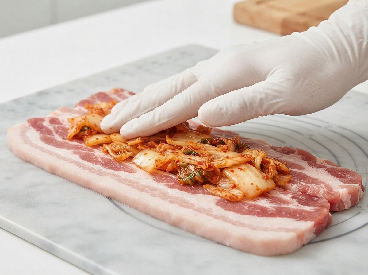 Würziger Kimchi wird auf dicken Schweinebauchscheiben auf einem Marmorbrett angeordnet.