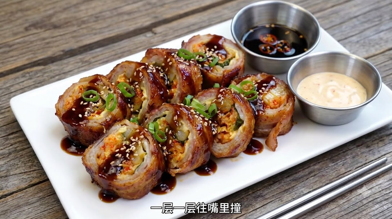 Koreanische Schweinebauch-Kimchi-Rollen mit Speck und Käse, in mundgerechte Stücke geschnitten, mit pikanter Soße beträufelt und mit Dips serviert