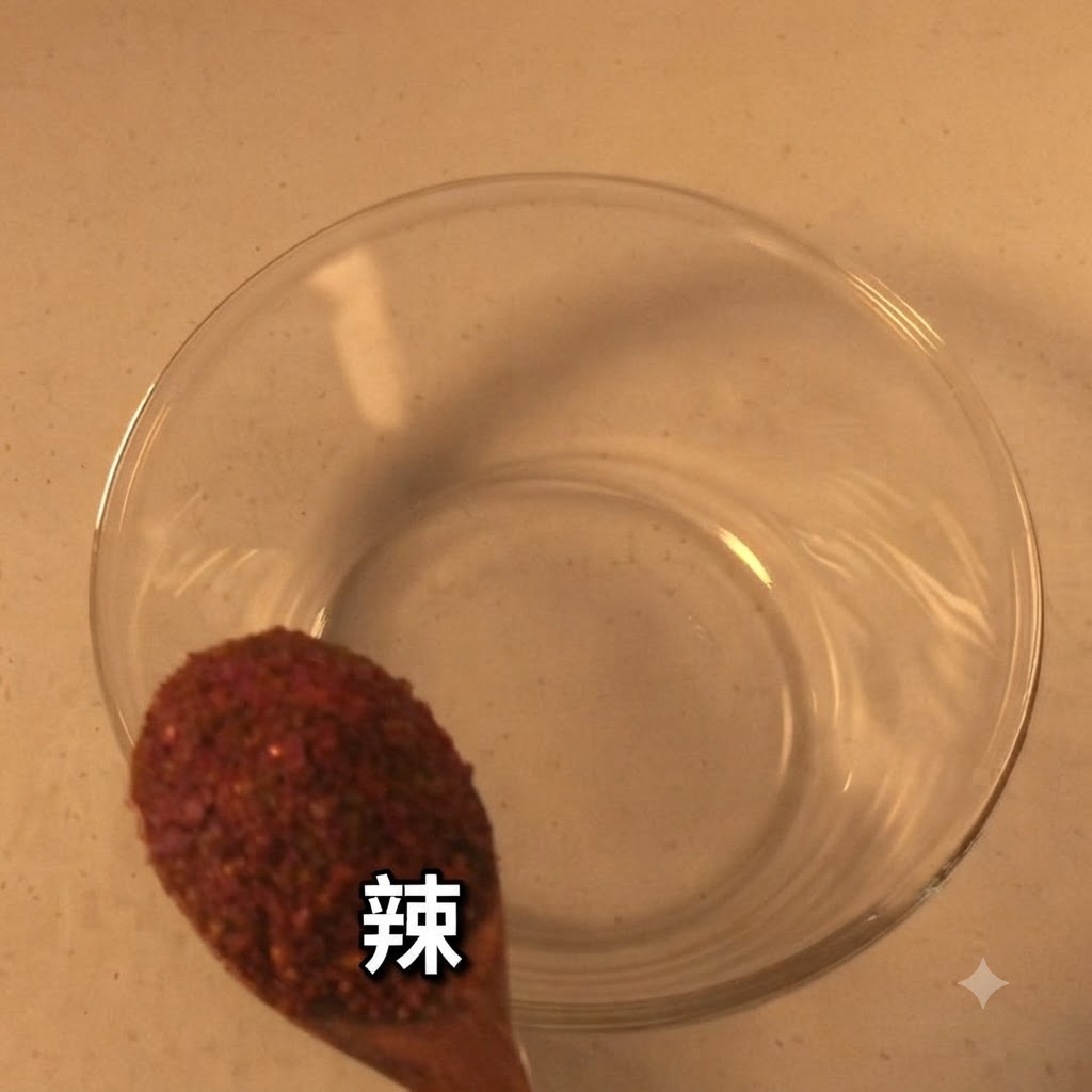 Ein Löffel grobes rotes Chilipulver wird über eine leere Rührschüssel aus Glas gehalten.