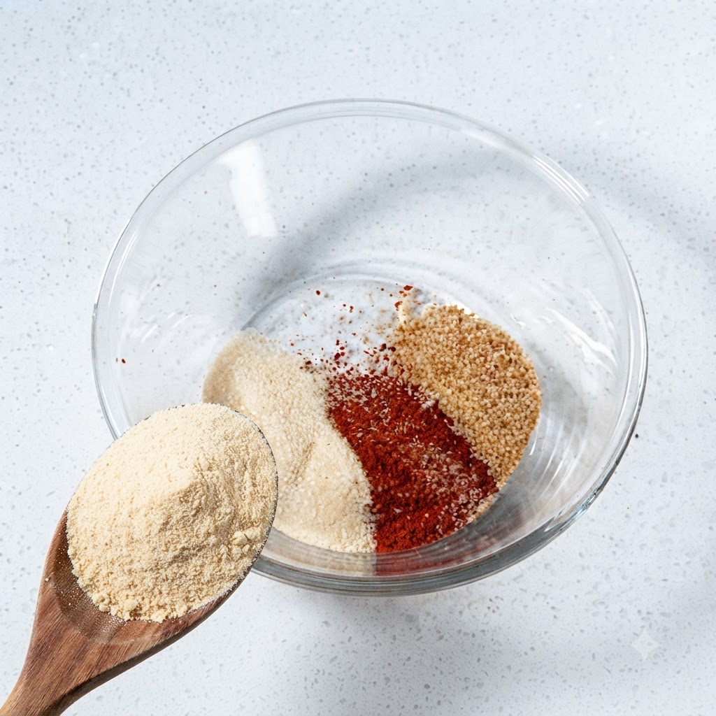 Ein Holzlöffel gefüllt mit Rinderbrühepulver über einer Glasschüssel mit verschiedenen Gewürzpulvern.