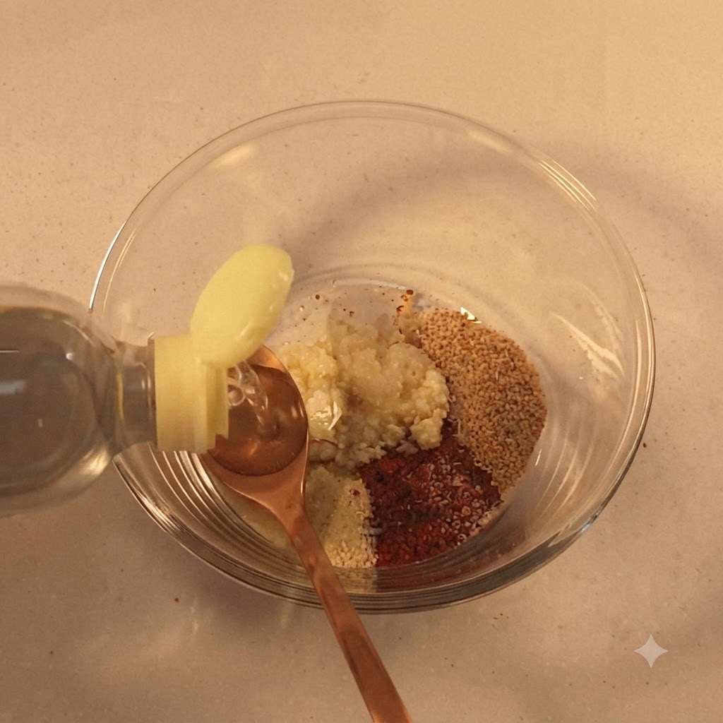 Eine Flasche gießt Kochflüssigkeit in einen Messlöffel, der in einer Glasschüssel mit trockenen Gewürzen liegt.