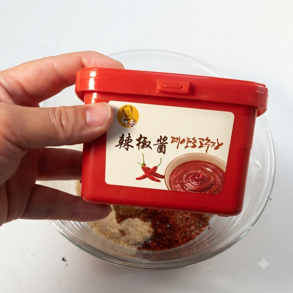 Eine Hand hält einen roten Behälter mit koreanischer Chilispaste über die Gewürzschüssel.