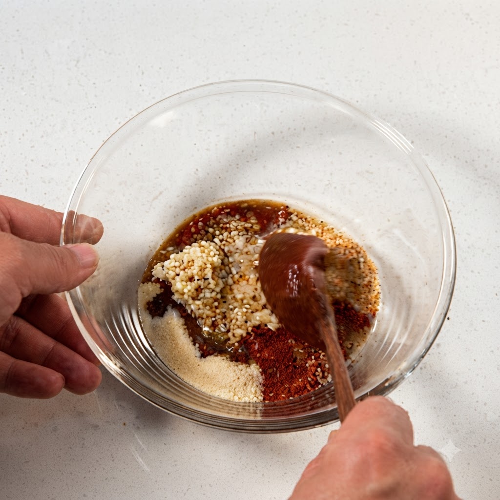 Ein Holzlöffel rührt die verschiedenen Saucenzutaten in einer Glasschüssel zu einer dicken roten Paste zusammen.