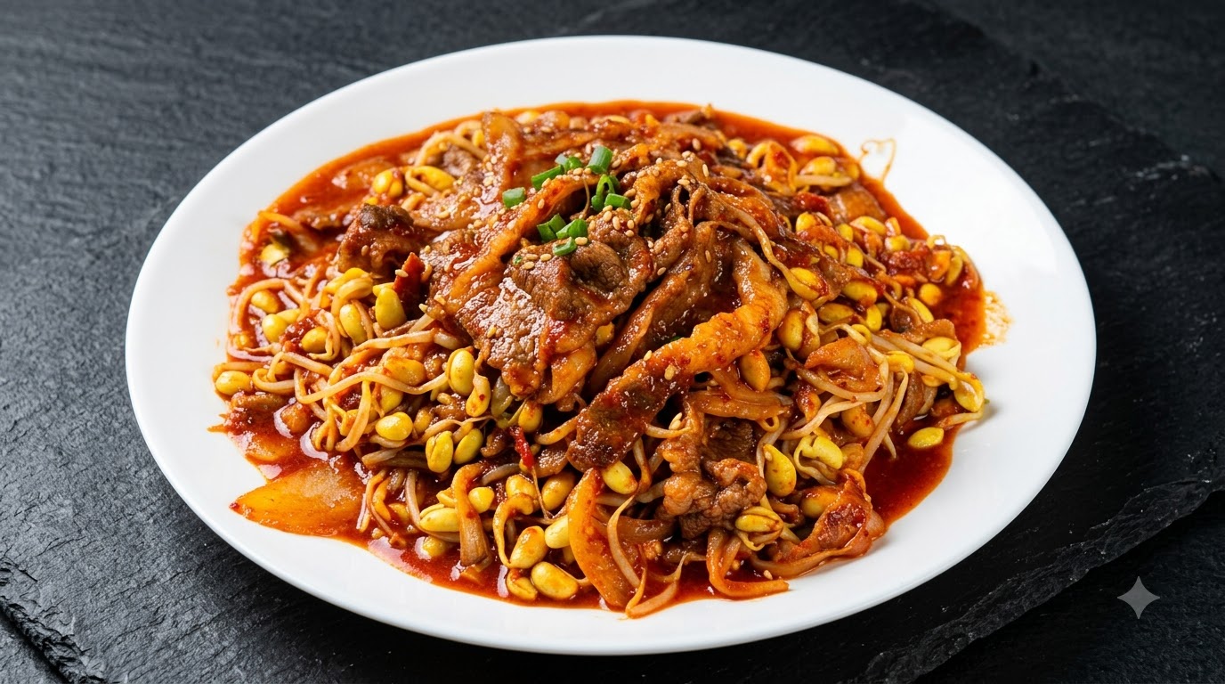 Koreanischer Würziger Rinderbauch mit Sojasprossen (Kongbul)