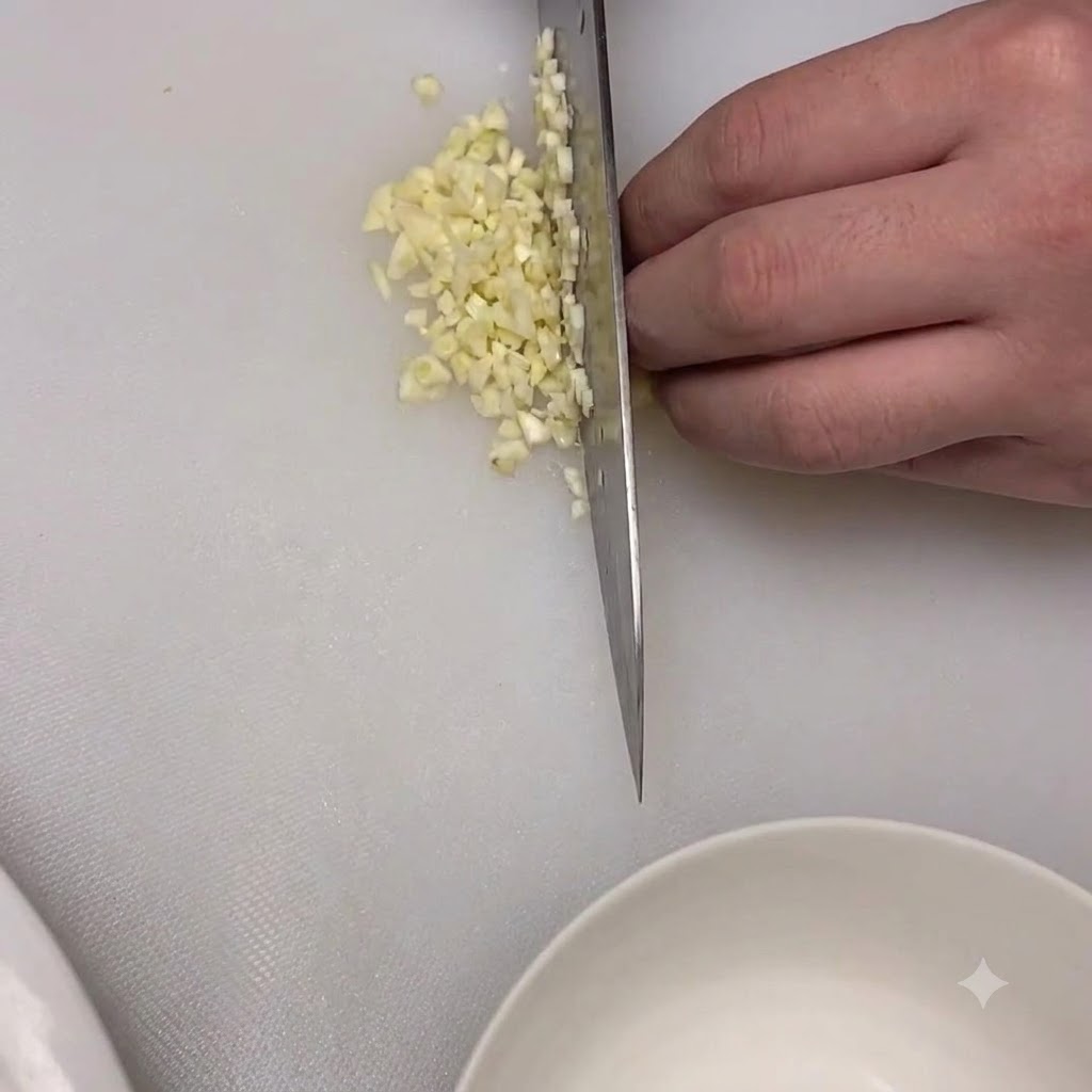 Gehackter Knoblauch und weißer Zucker zusammen in einer kleinen weißen Schüssel.