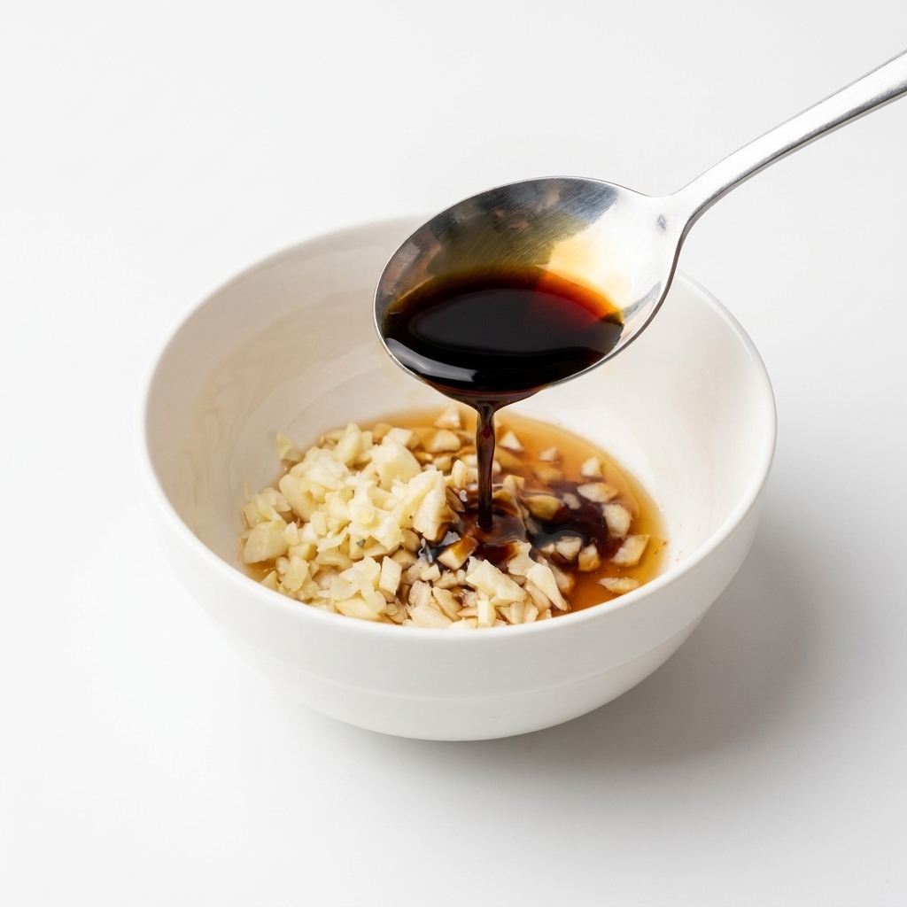 Dunkle Sojasoße wird von einem Löffel in eine Schüssel mit Knoblauch und Zucker gegossen.