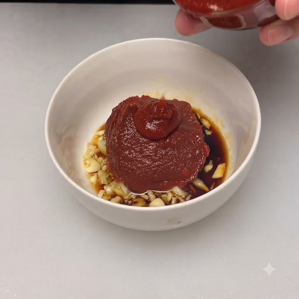 Ein großer Klecks dicker roter Chilispaste ruht in der Mitte der Rührschüssel.